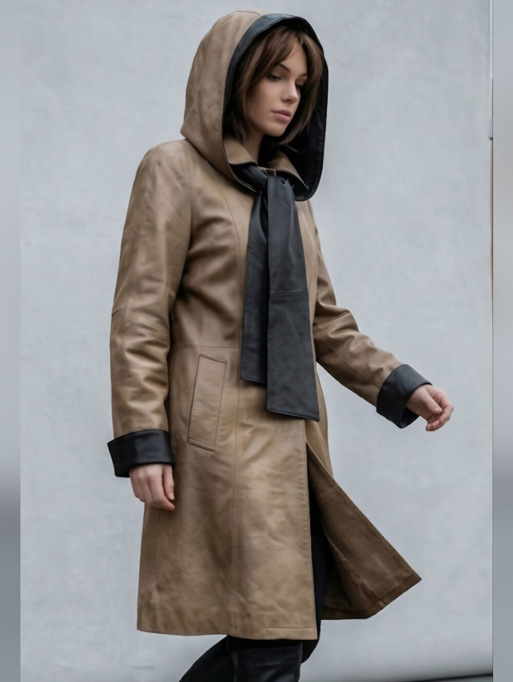 NooN Soft Faux-Leather Lined Trench Coat with Detachable Hood-Scarf / S / Tan